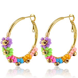 Oorbellen van Stainless steel Roestvrij staal (RVS) creolen bloem 35mm Gold-multicolour