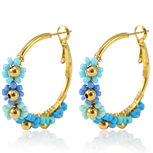 Oorbellen van Stainless steel Roestvrij staal (RVS) creolen bloem 35mm Gold-blue