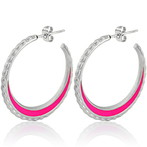 Oorbellen van Stainless steel Roestvrij staal (RVS) creolen 30mm Silver-magenta