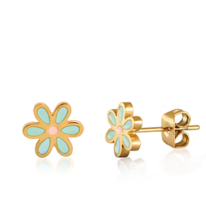 Oorbellen van Stainless steel Roestvrij staal (RVS) flower Turquoise-gold