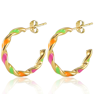Oorbellen van Stainless steel Roestvrij staal (RVS) Neon multicolour pink orange green-gold