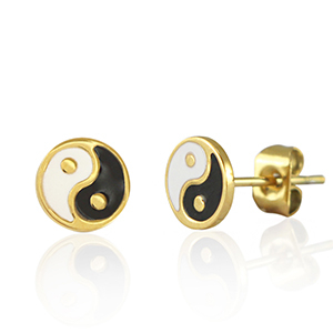 Oorbellen / oorstekers van Stainless steel Roestvrij staal (RVS) Yin & Yang 7mm Goud-zwart wit