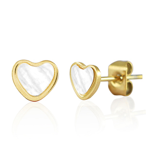 Oorbellen / oorstekers van Stainless steel Roestvrij staal (RVS) heart Goud-parelwit