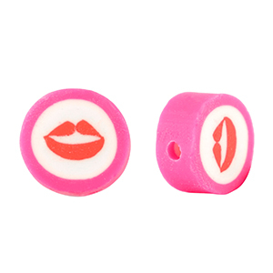 Polymeer kraal kiss 10mm Fuchsia pink-white red