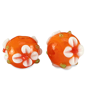 Handgeschilderde glaskralen flower Orange-white