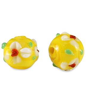 Handgeschilderde glaskralen flower Yellow-white