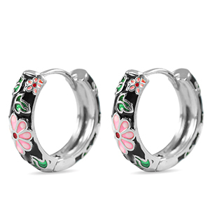 TQ metaal brass creolen met enamel bloem Silver-black pink