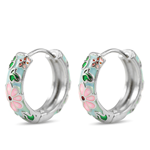 TQ metaal brass creolen met enamel bloem Silver-pink blue