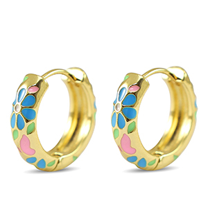 TQ metaal brass creolen met enamel bloem Gold-pink blue