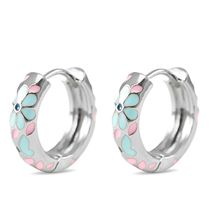 TQ metaal brass creolen met enamel bloem Silver-blue pink