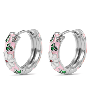 TQ metaal brass creolen met enamel bloem Silver-pink white