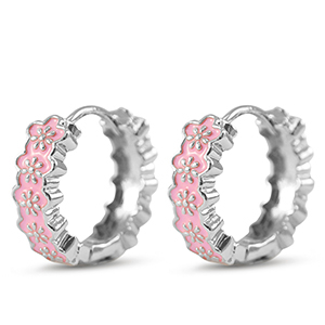 TQ metaal brass creolen met enamel bloem Silver-pink