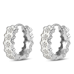 TQ metaal brass creolen met enamel bloem Silver-white