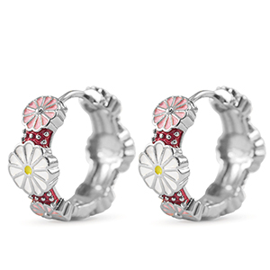 TQ metaal brass creolen met enamel bloem Silver-white pink