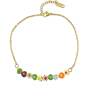 Enkelbandjes van Stainless steel Roestvrij staal (RVS) millefiore Gold-multicolour