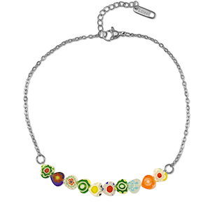 Enkelbandjes van Stainless steel Roestvrij staal (RVS) millefiore Silver-multicolour
