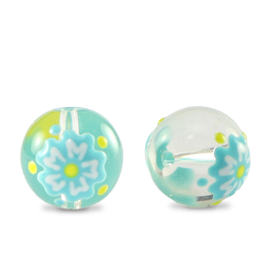 Handgeschilderde glaskralen flower Transparent-blue yellow