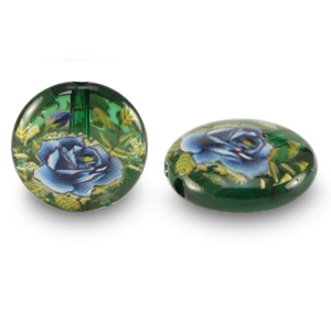 Glas kralen 14mm flower Green transparent-blue
