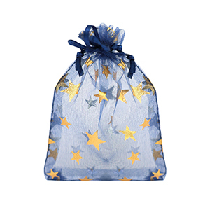 Organza sieradenzakje 9x12cm star Navy blue-gold