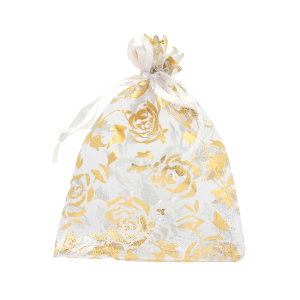 Organza sieradenzakje 9x12cm rose White-gold
