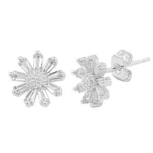 TQ metaal brass oorbellen / oorstekers  zirkonia flower Silver