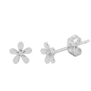 TQ metaal brass oorbellen / oorstekers  zirkonia flower Silver
