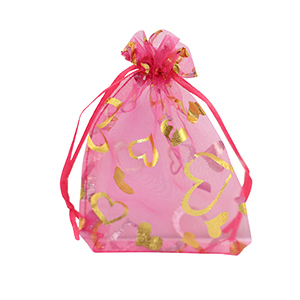 Organza sieradenzakje 9x12cm heart Pink-gold