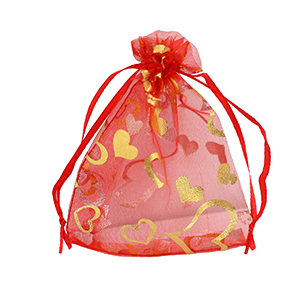 Organza sieradenzakje 9x12cm heart Red-gold
