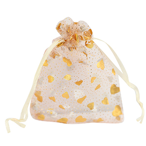 Organza sieradenzakje 9x12cm heart Peach-gold