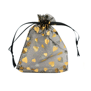 Organza sieradenzakje 7x9cm heart Black-gold