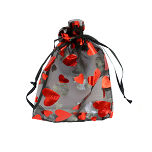 Organza sieradenzakje 7x9cm heart Black-red