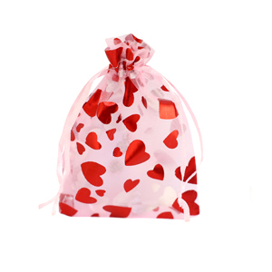 Organza sieradenzakje 7x9cm heart Light pink-red