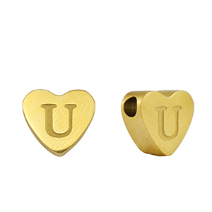 Kralen van stainless steel Roestvrij staal (RVS) hart letter U Gold