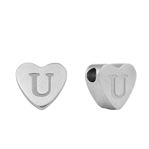 Kralen van stainless steel Roestvrij staal (RVS) hart letter U Silver