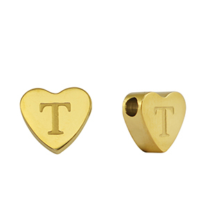 Kralen van stainless steel Roestvrij staal (RVS) hart letter T Gold