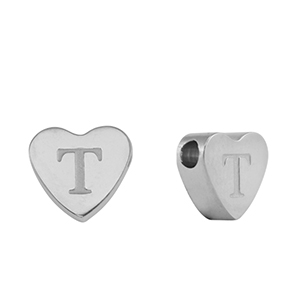 Kralen van stainless steel Roestvrij staal (RVS) hart letter T Silver