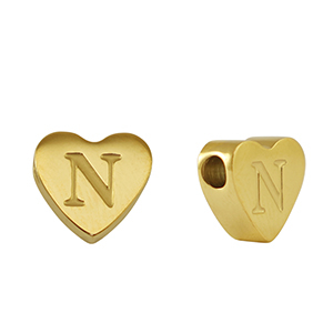 Kralen van stainless steel Roestvrij staal (RVS) hart letter N Gold