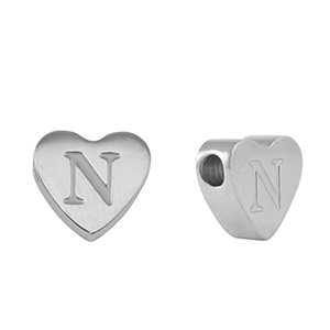 Kralen van stainless steel Roestvrij staal (RVS) hart letter N Silver