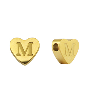 Kralen van stainless steel Roestvrij staal (RVS) hart letter M Gold