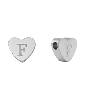 Kralen van stainless steel Roestvrij staal (RVS) hart letter F Silver