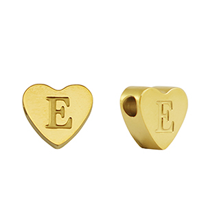 Kralen van stainless steel Roestvrij staal (RVS) hart letter E Gold