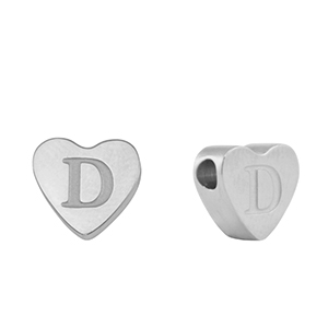 Kralen van stainless steel Roestvrij staal (RVS) hart letter D Silver