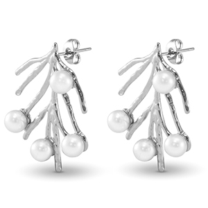 Oorbellen van Stainless steel Roestvrij staal (RVS) oorstekers seaweed imitation pearls Silver