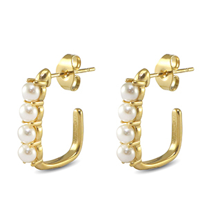 Oorbellen van Stainless steel Roestvrij staal (RVS) oorstekers square imitation pearls Gold