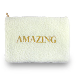 Etui van teddystof "AMAZING" Off white-gold