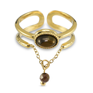 Ringen van Stainless steel Roestvrij staal (RVS) met natuursteen Gold-golden brown