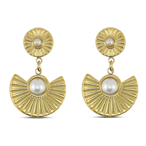 Oorbellen van Stainless steel Roestvrij staal (RVS) oorstekers fan with imitation pearls Gold