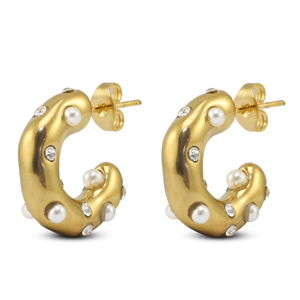 Oorbellen van Stainless steel Roestvrij staal (RVS) oorstekers with imitation pearls Gold