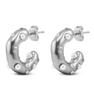 Oorbellen van Stainless steel Roestvrij staal (RVS) oorstekers with imitation pearls Silver