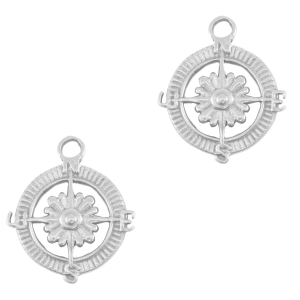 Bedels van Stainless steel Roestvrij staal (RVS) compass with flower Silver